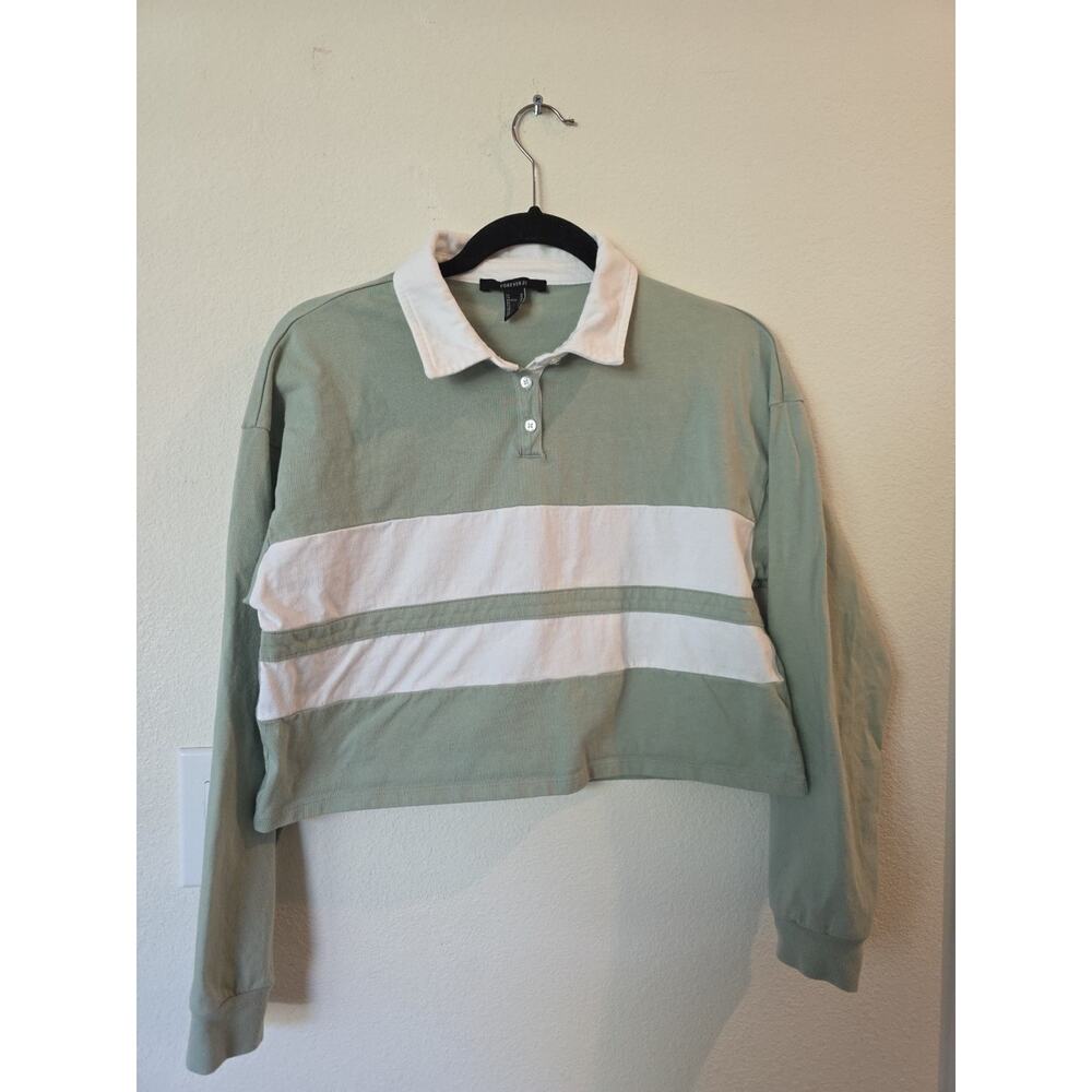 Womens 90's Y2K Green White Stripe Cropped Rugby Shirt Sz M Sporty Preppy Polo - Picture 2 of 5